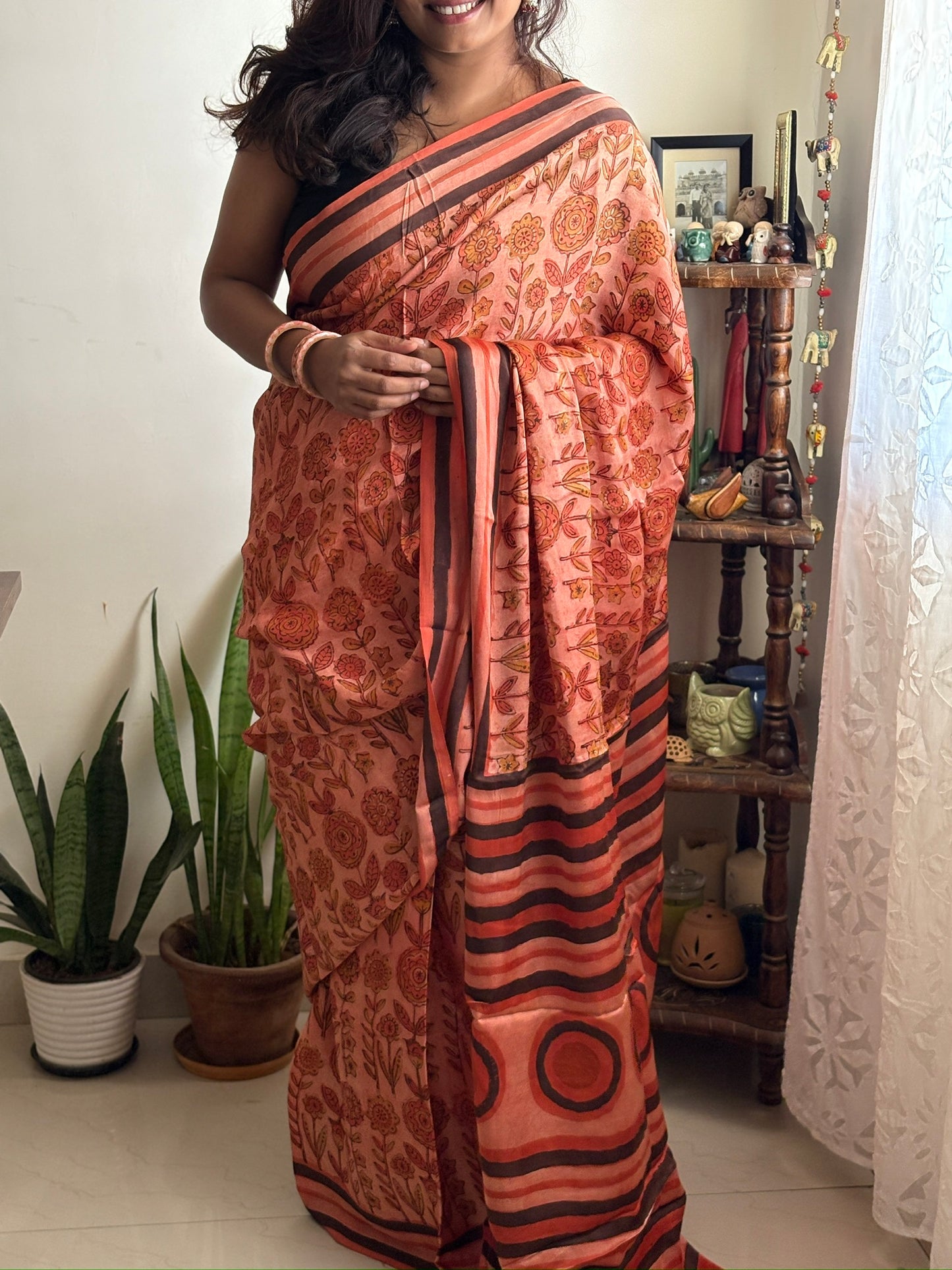 Naturally dyed Vanaspati Ajrak Modal silk saree - Earthy Red