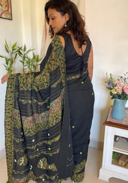 Handmade patchwork cotton saree - Black