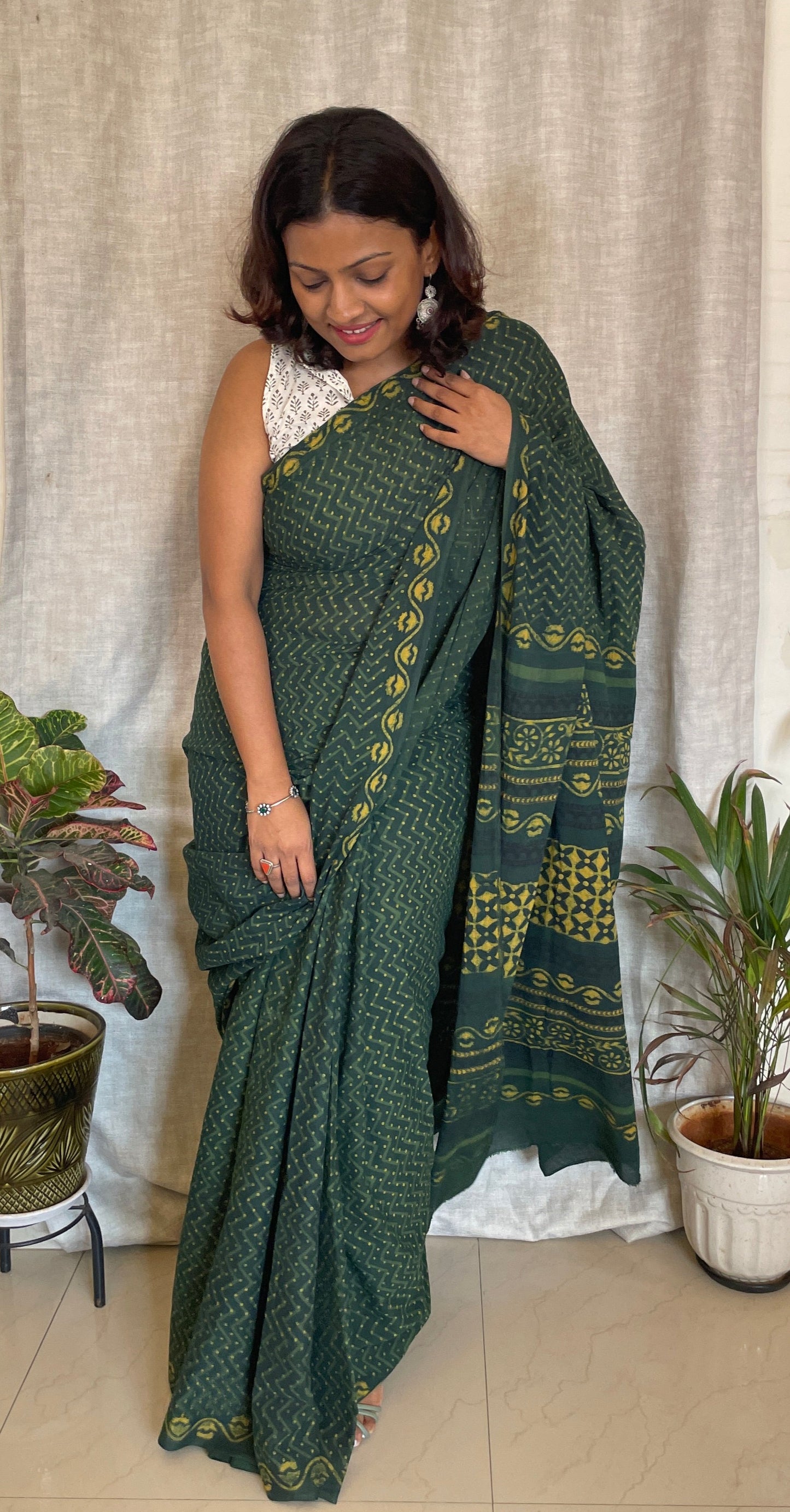 Natural Green hand block printed Mul cotton saree