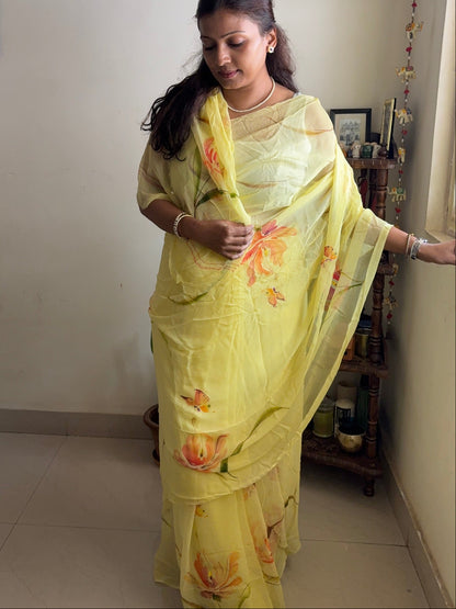 Handpainted chiffon saree - Yellow