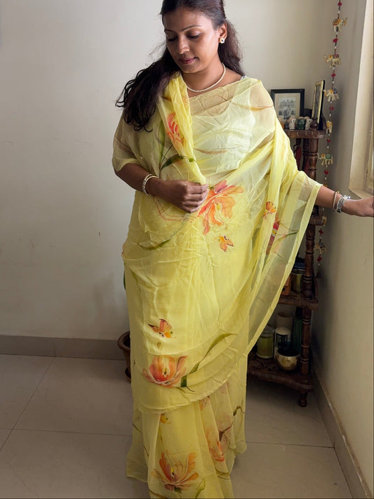 Handpainted chiffon saree - Yellow