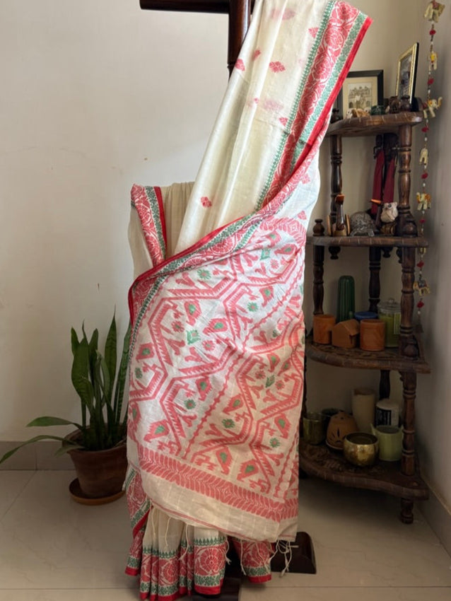 Handwoven pure cotton Jamdani saree - Lal paar 1