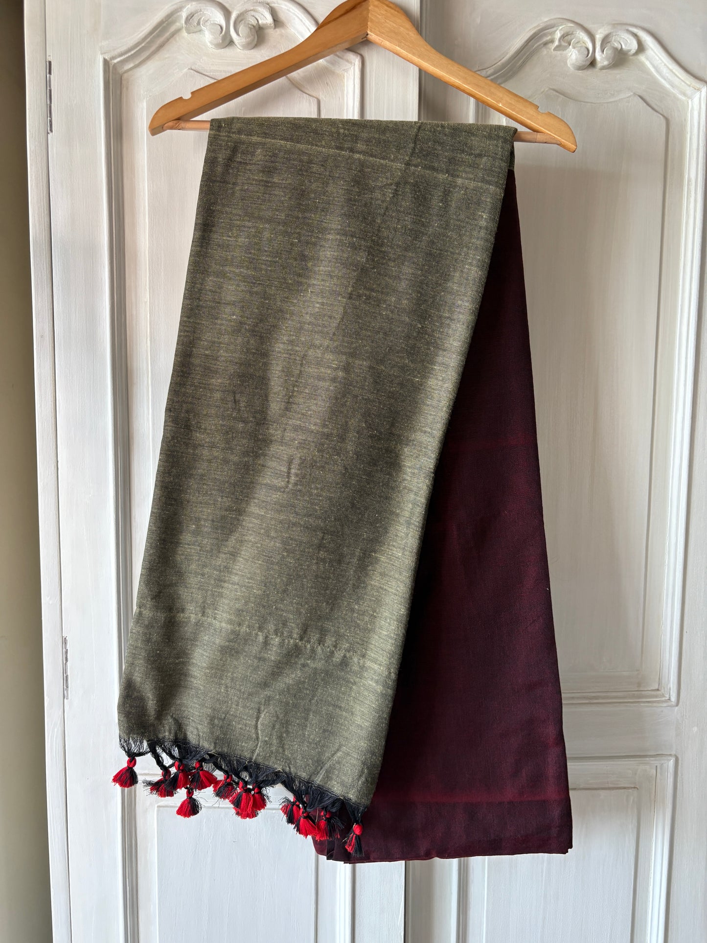 Handloom cotton saree - Plum & Green