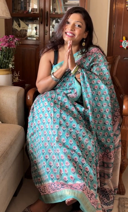 Maheshwari silk hand-block print saree - Green Phool