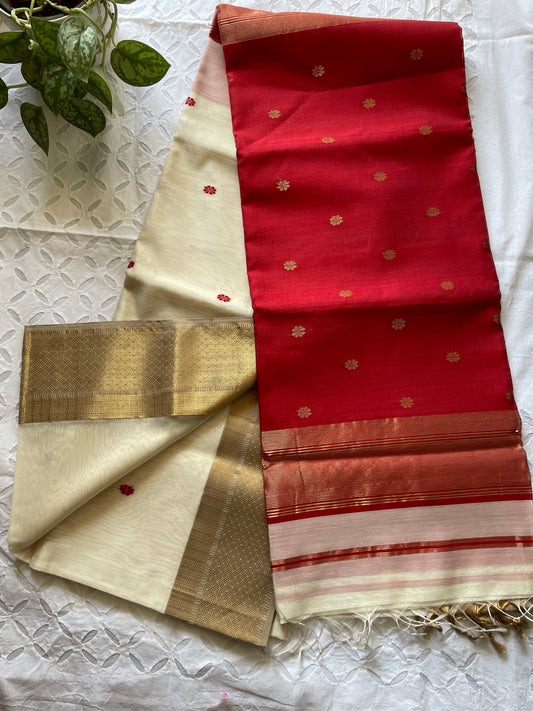 Sandhya - Pre Maheshwari Silk cotton saree (White Red)