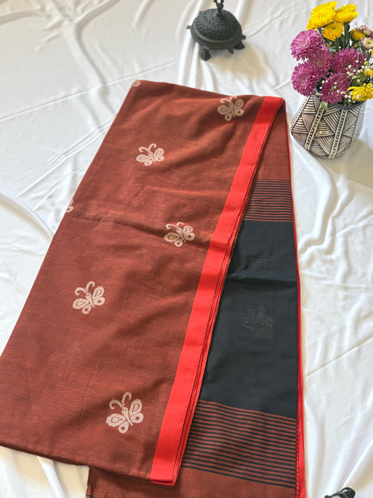 Handwoven cotton Jamdani saree - Butterfly rust