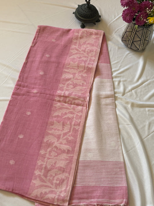 Handloom soft cotton Jamdani saree - Baby pink