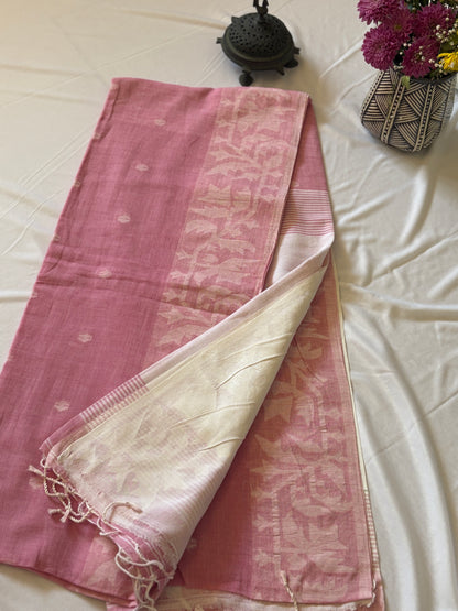 Handloom soft cotton Jamdani saree - Baby pink