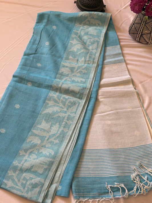 Handloom soft cotton Jamdani saree - Light blue