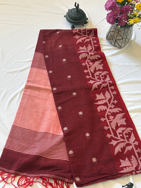 Handwoven soft cotton Jamdani saree - Red