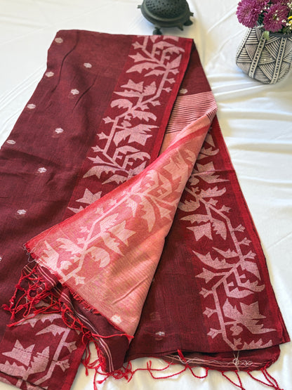Handwoven soft cotton Jamdani saree - Red