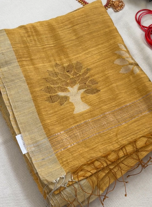 Handwoven pure Matka silk Jamdani saree - yellow Tree