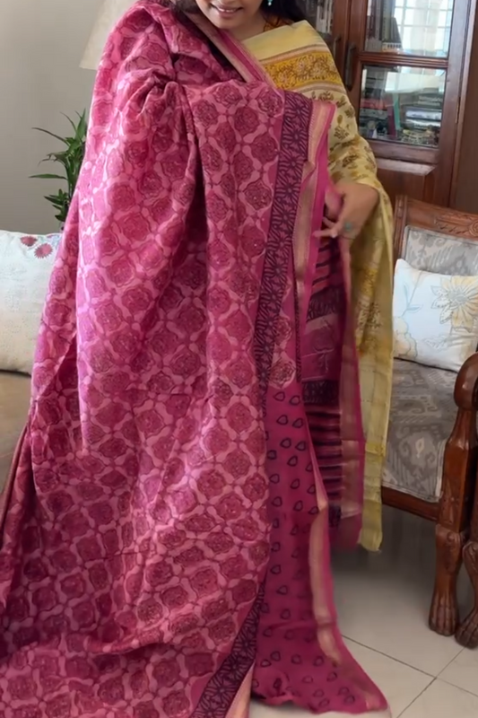 Maheshwari silk vanaspati hand block print saree - Phool 4