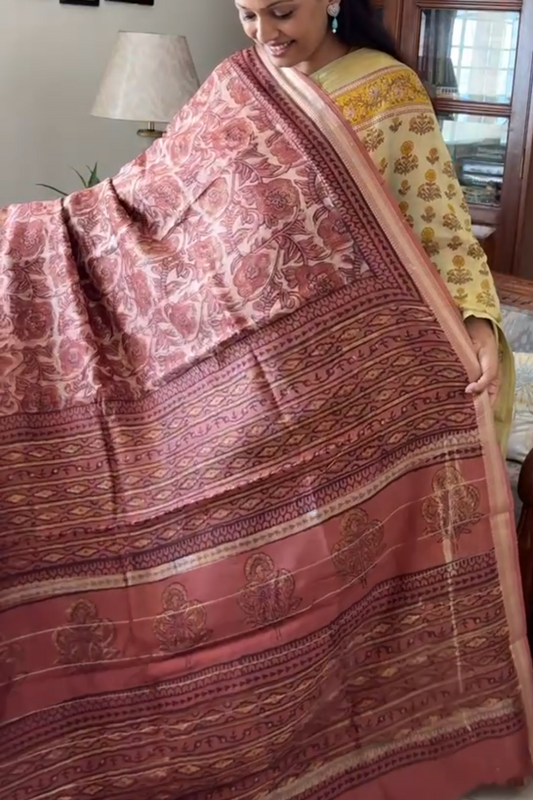 Maheswari silk Vanaspati handblock print saree - Phool 8