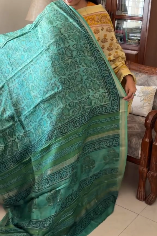 Maheshwari silk Vanaspati handblock print saree - Phool 7