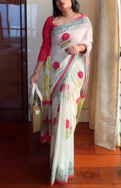 Handblock print mul cotton saree - 5