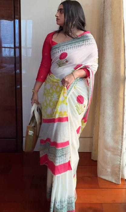 Handblock print mul cotton saree - 5