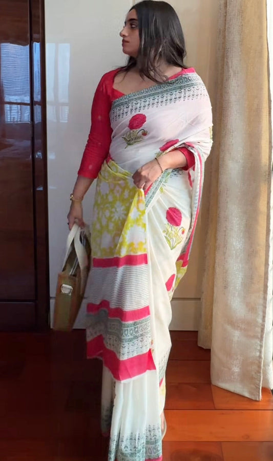 Handblock print mul cotton saree - 5