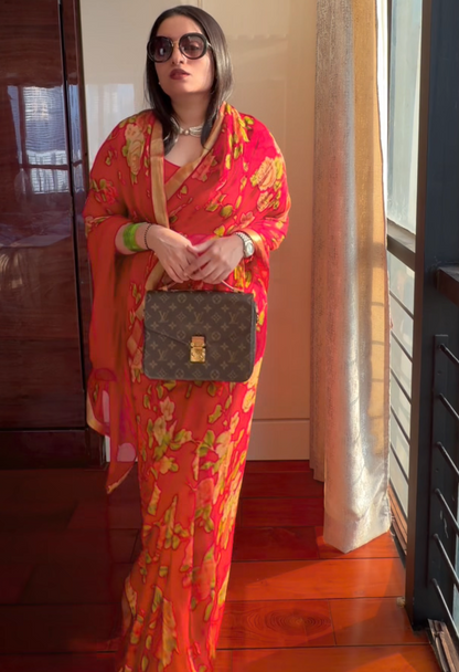 Printed pure chiffon saree - Red