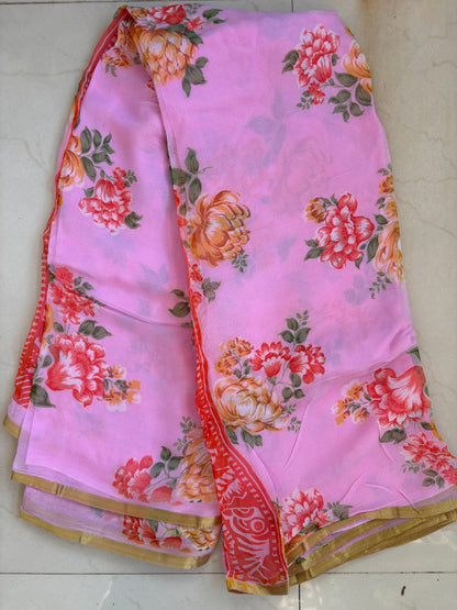 Flower printed chiffon saree - Baby pink