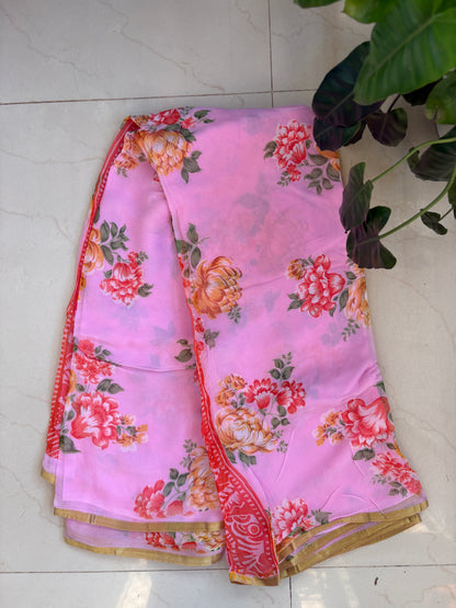 Flower printed chiffon saree - Baby pink