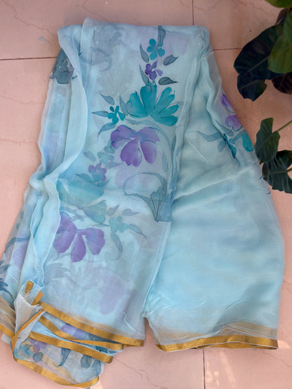 Hand painted chiffon saree - Powder blue