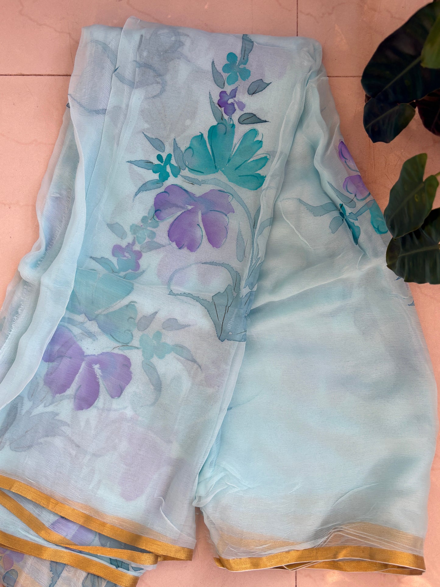 Hand painted chiffon saree - Powder blue