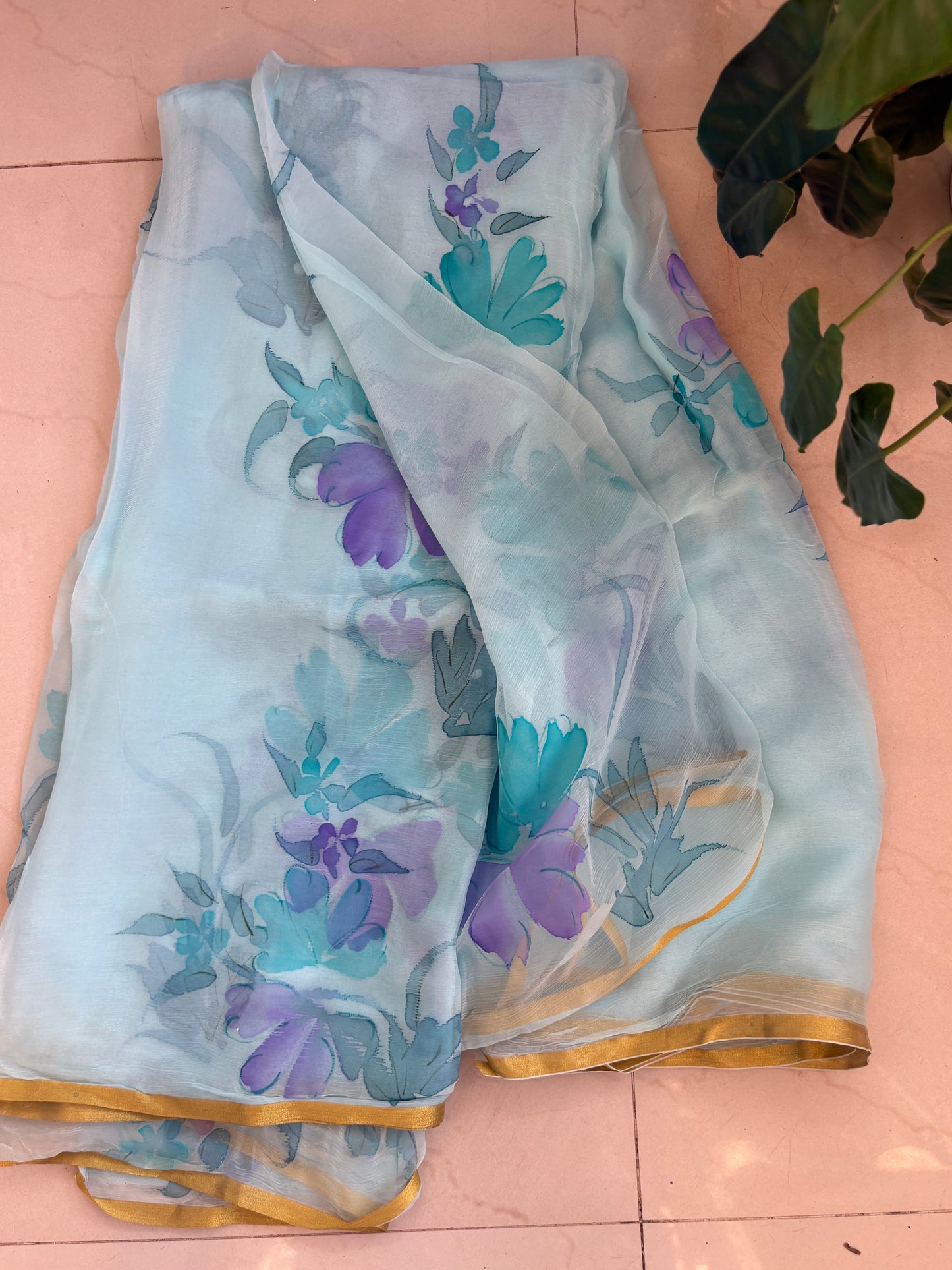 Hand painted chiffon saree - Powder blue