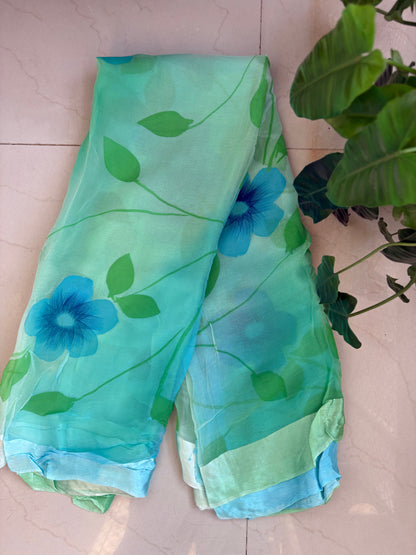 Printed pure chiffon saree - Bluish green