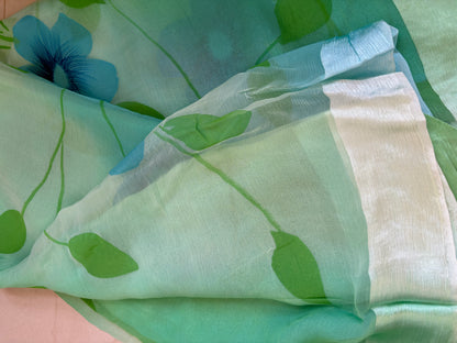 Printed pure chiffon saree - Bluish green