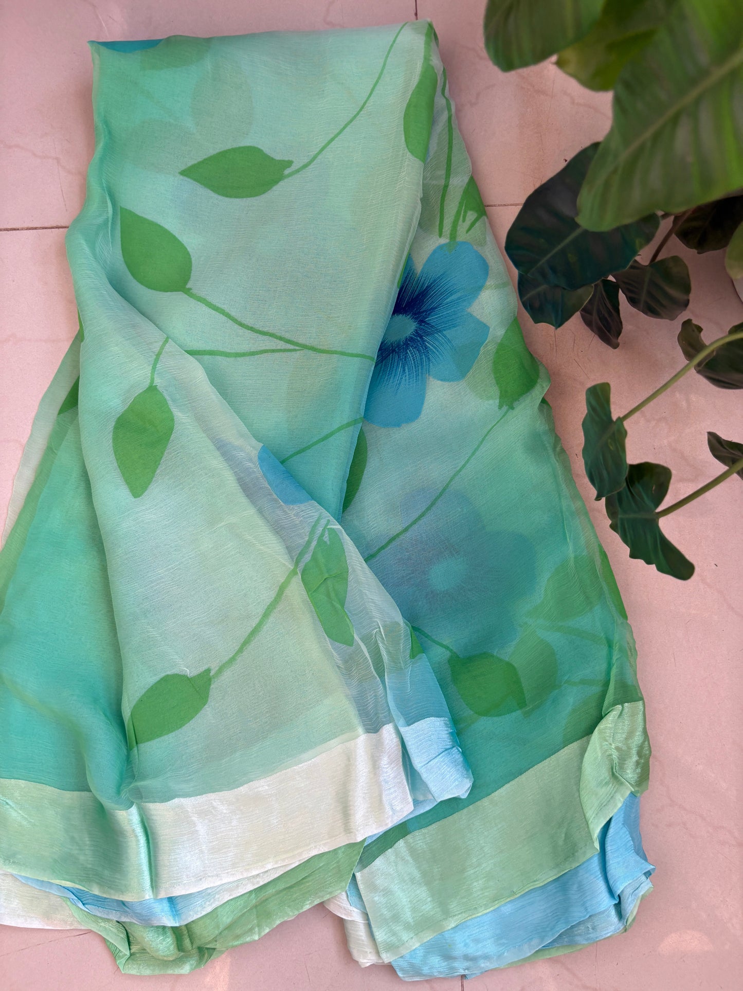 Printed pure chiffon saree - Bluish green