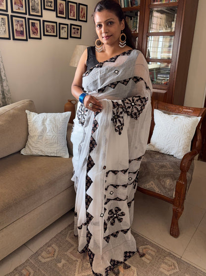 Kota cotton hand embroidered patchwork saree - White Black