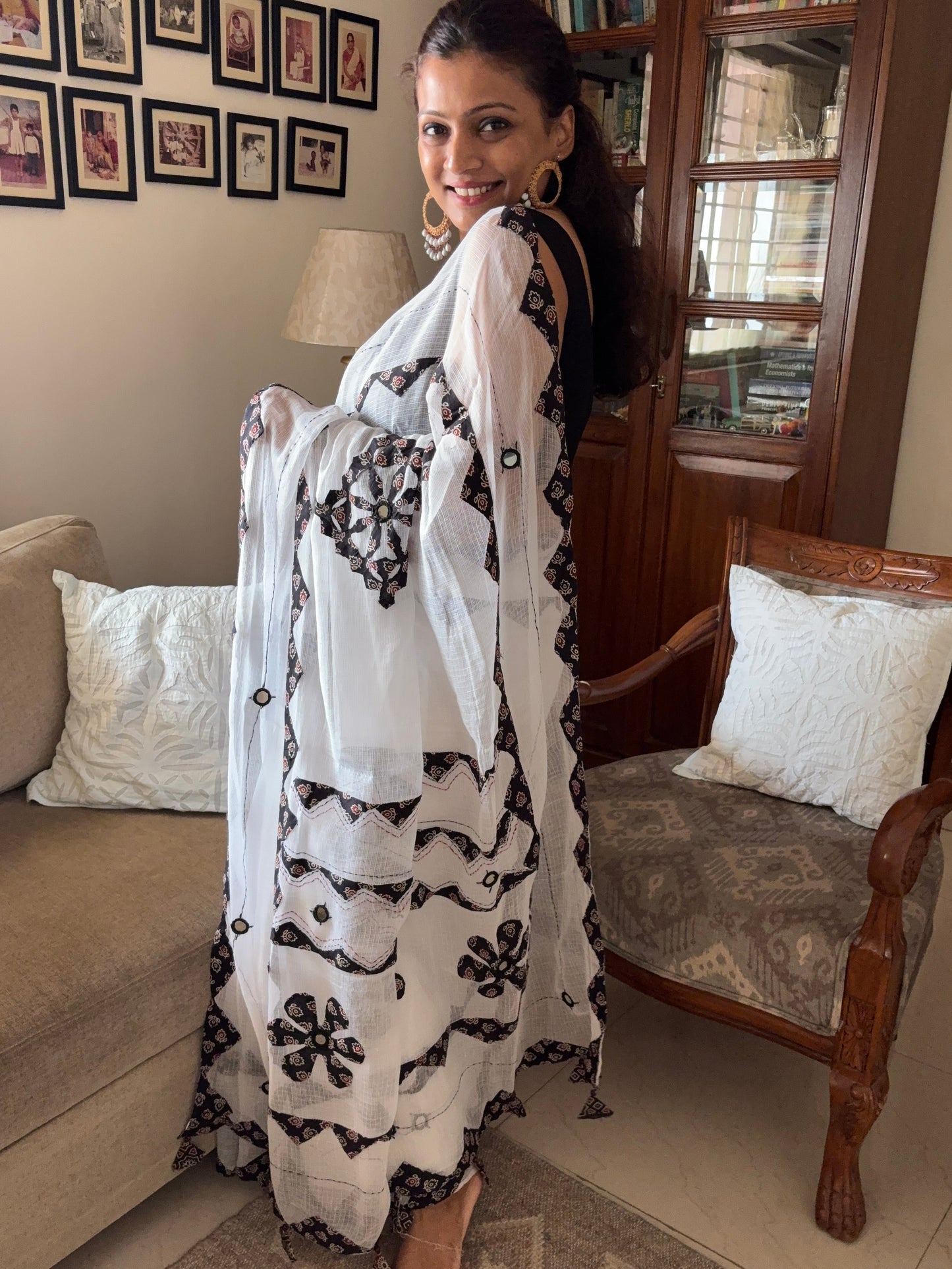 Kota cotton hand embroidered patchwork saree - White Black