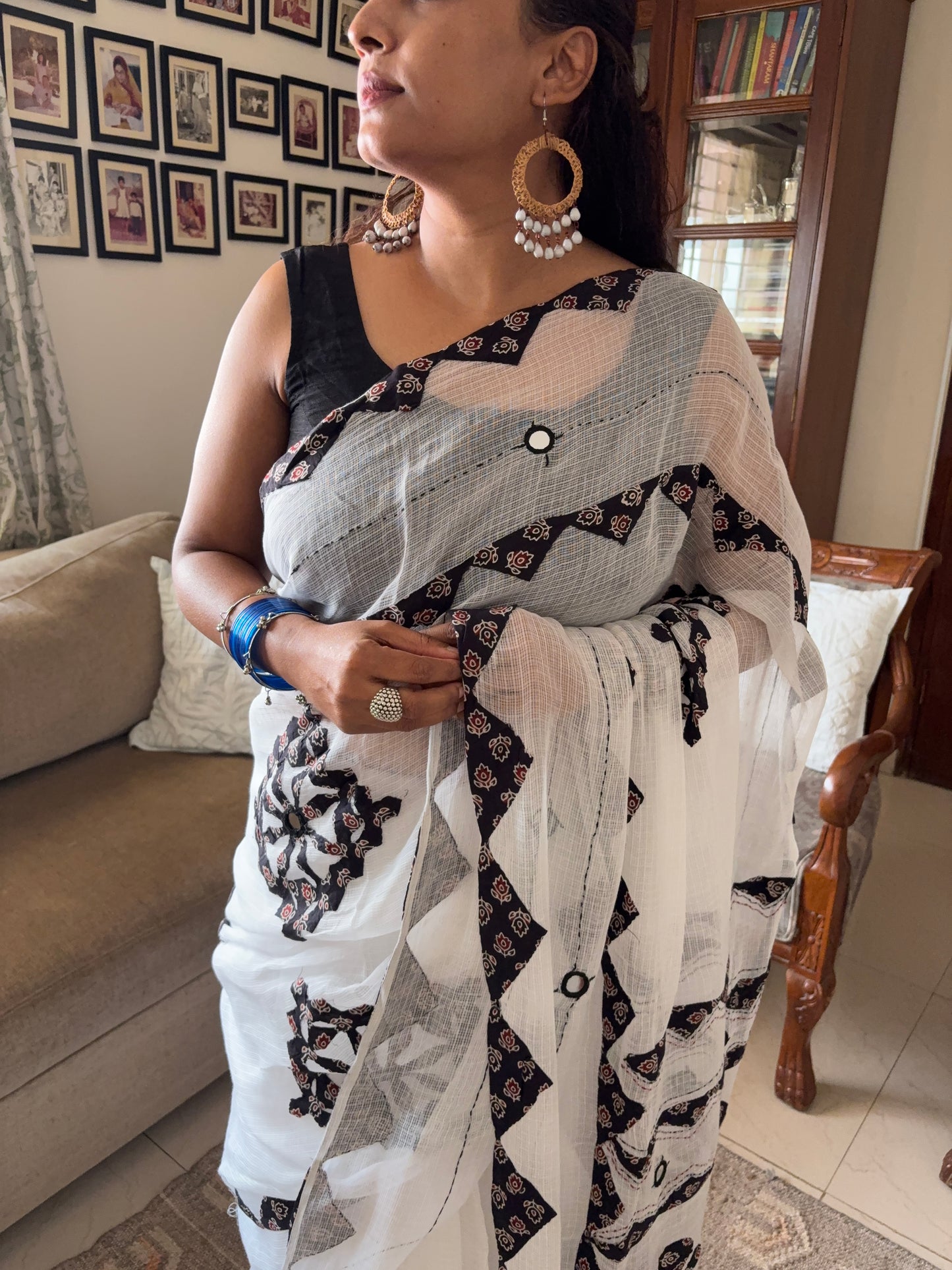 Kota cotton hand embroidered patchwork saree - White Black