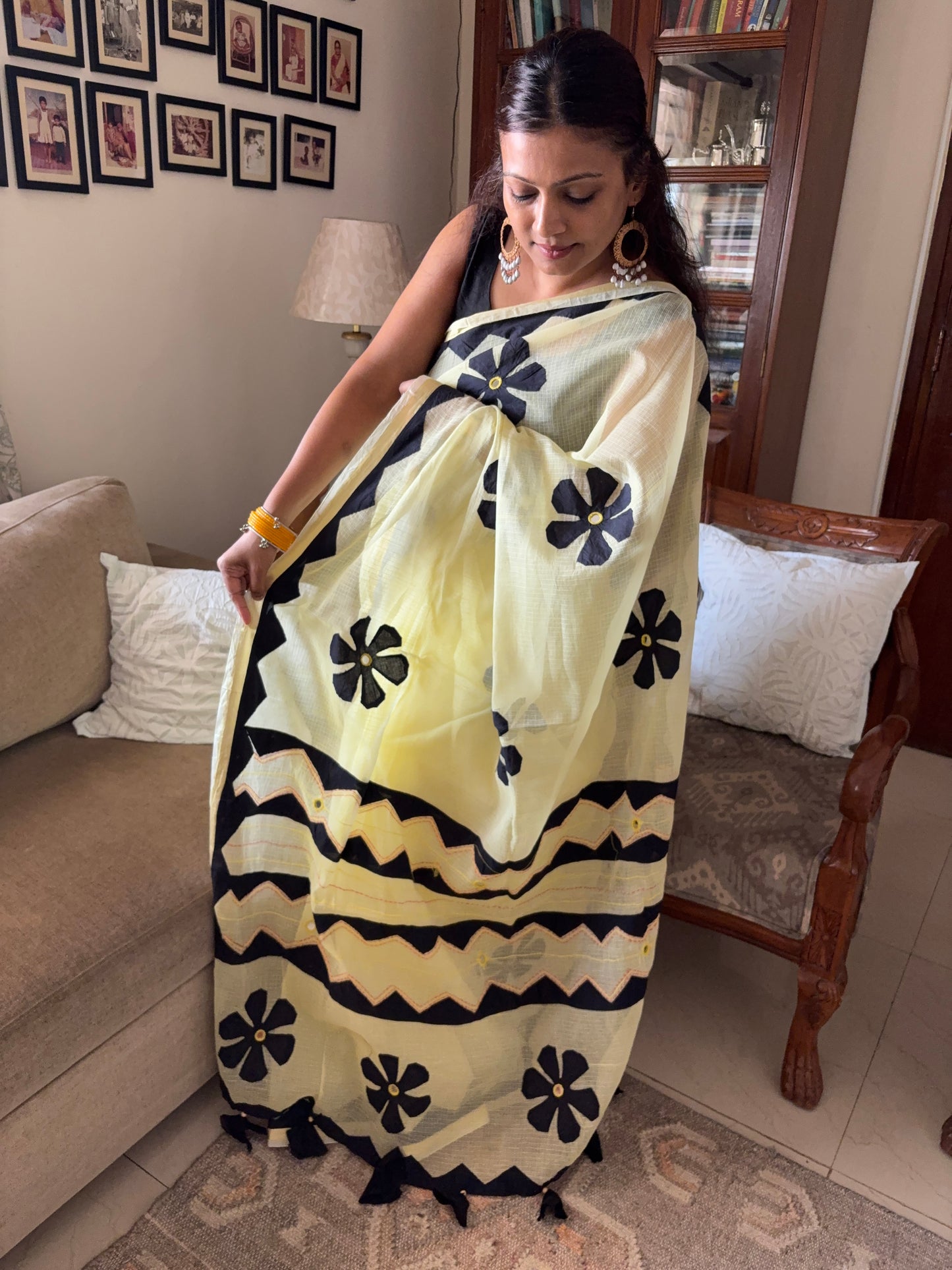 Kota cotton patchwork saree with Zari border - Yellow Black