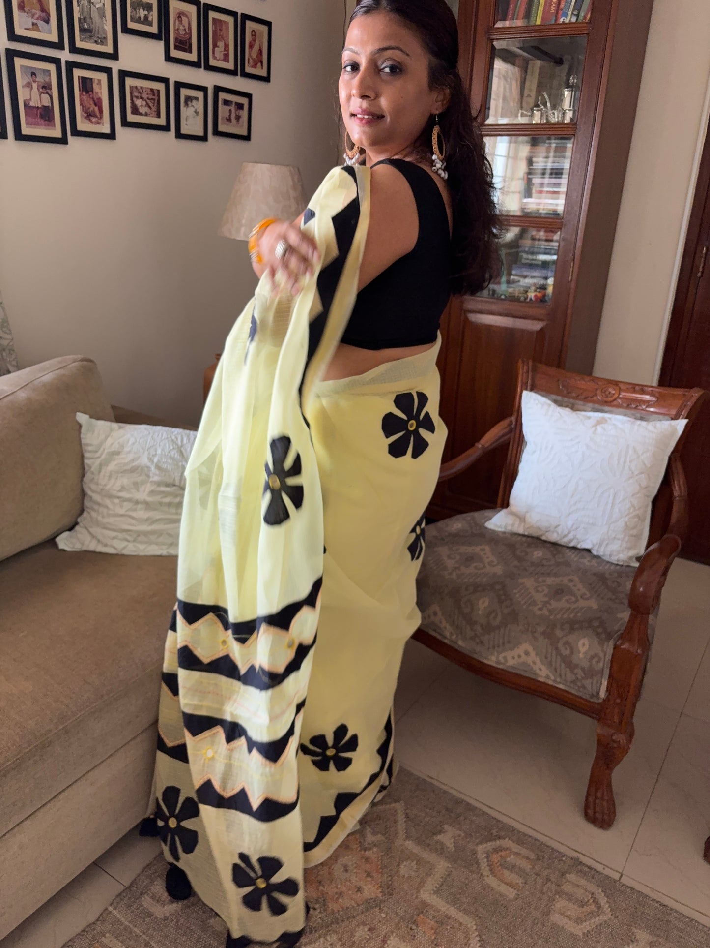 Kota cotton patchwork saree with Zari border - Yellow Black