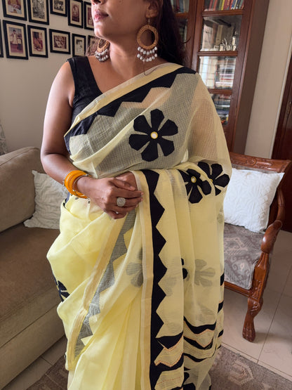 Kota cotton patchwork saree with Zari border - Yellow Black