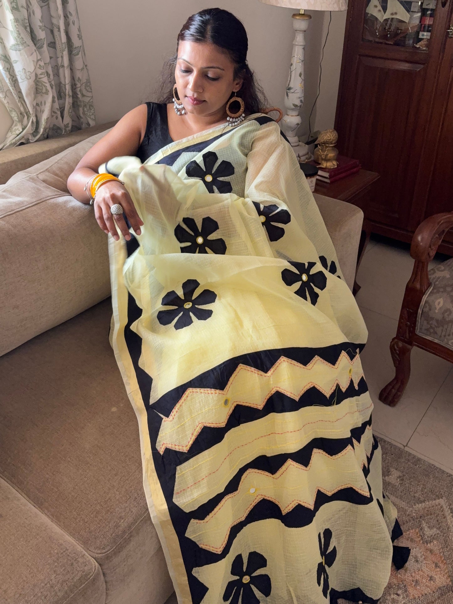 Kota cotton patchwork saree with Zari border - Yellow Black