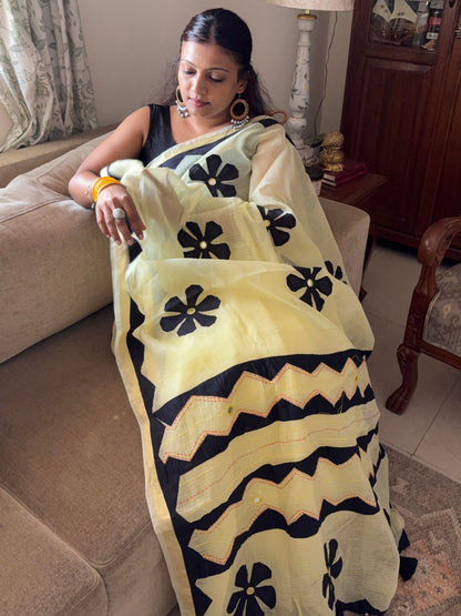 Kota cotton patchwork saree with Zari border - Yellow Black