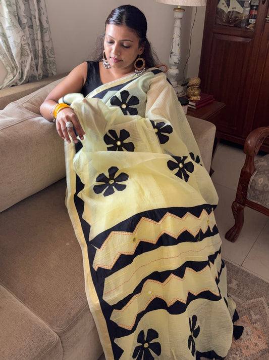 Kota cotton patchwork saree with Zari border - Yellow Black