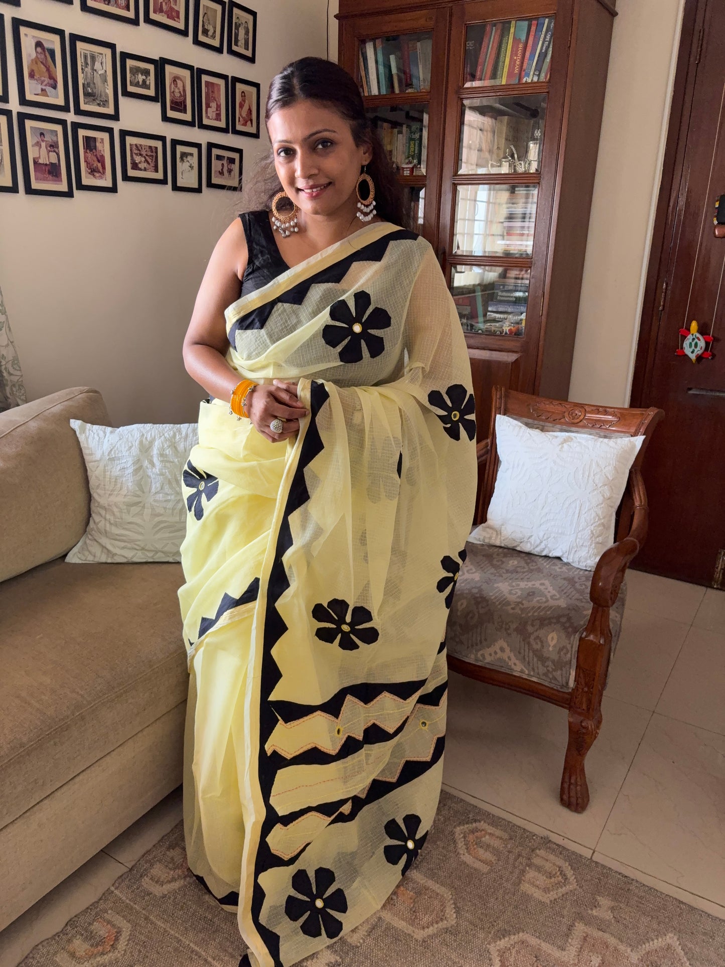 Kota cotton patchwork saree with Zari border - Yellow Black