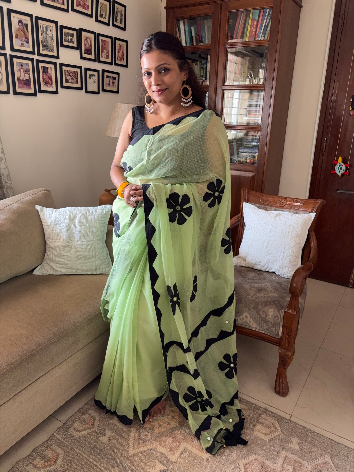 Kota cotton hand embroidered patchwork saree - Mint green Black