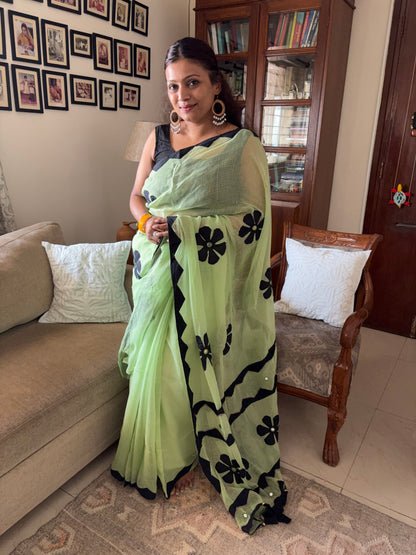 Kota cotton hand embroidered patchwork saree - Mint green Black