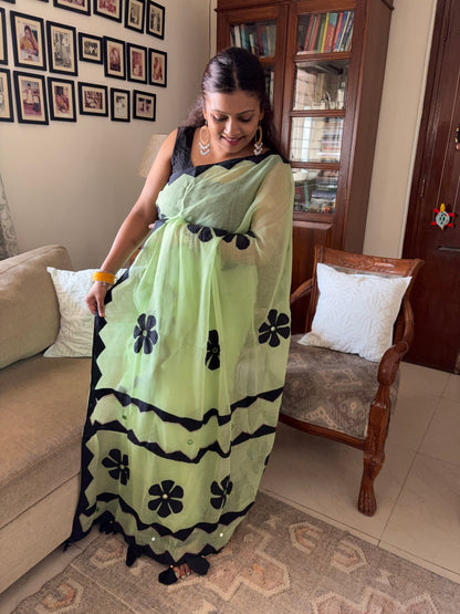Kota cotton hand embroidered patchwork saree - Mint green Black