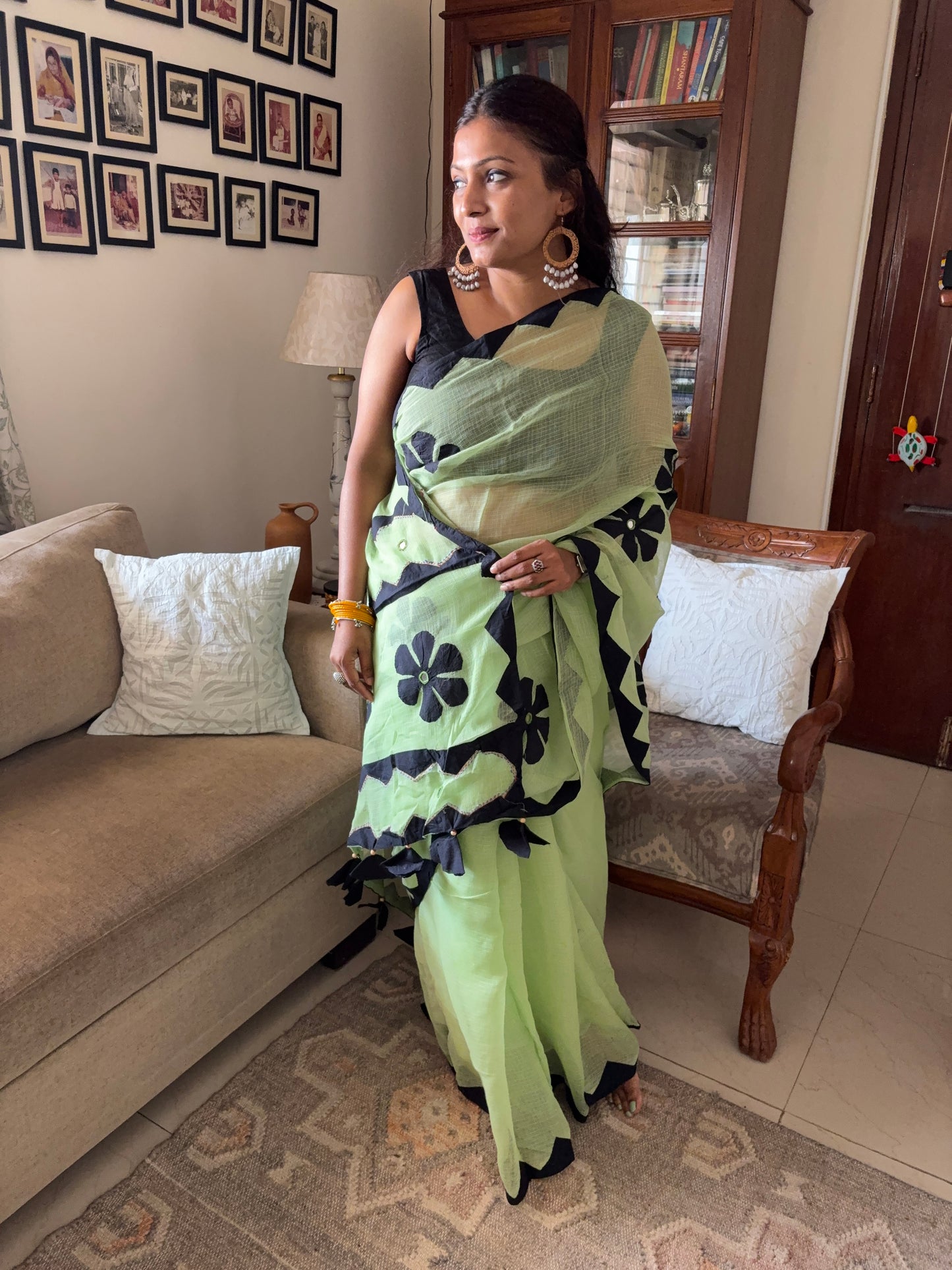 Kota cotton hand embroidered patchwork saree - Mint green Black