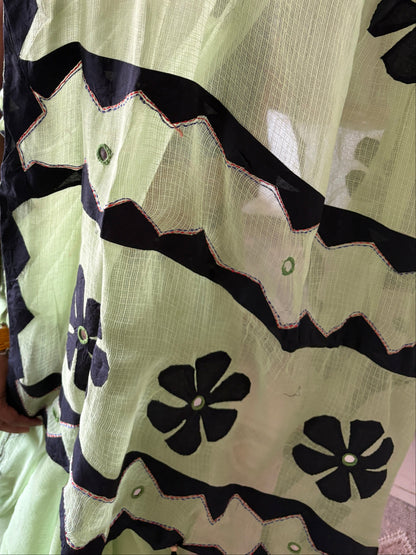 Kota cotton hand embroidered patchwork saree - Mint green Black