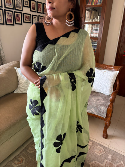 Kota cotton hand embroidered patchwork saree - Mint green Black