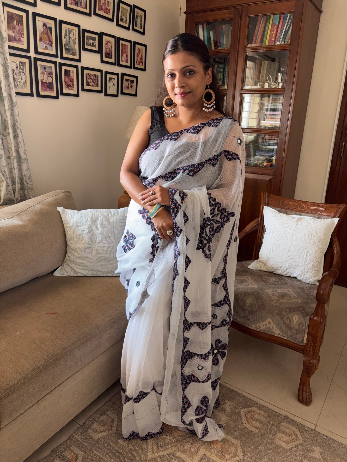 Kota cotton hand embroidered patchwork saree - White Blue