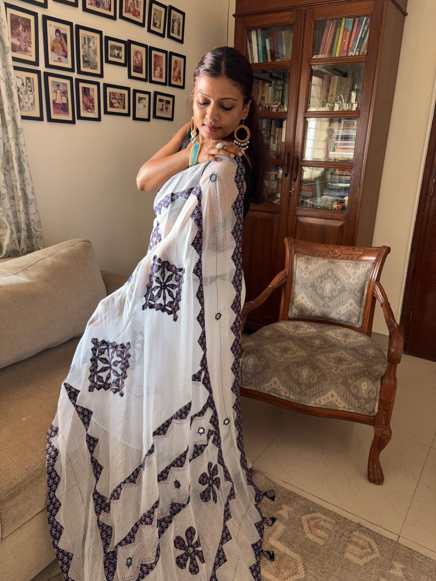 Kota cotton hand embroidered patchwork saree - White Blue