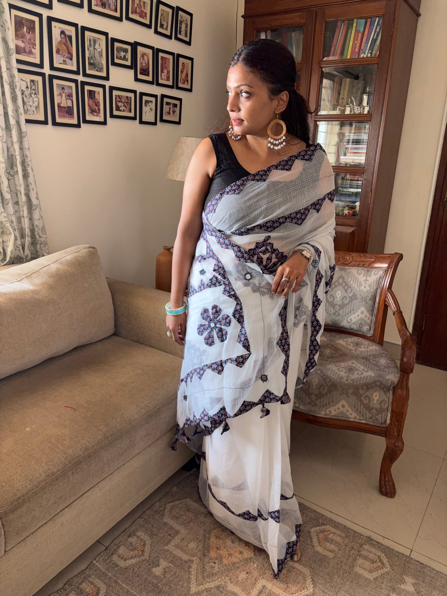 Kota cotton hand embroidered patchwork saree - White Blue
